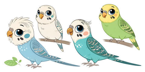 Fototapeta premium Various Budgies PNG – Cartoon and Realistic Parakeet Illustrations on Transparent Background