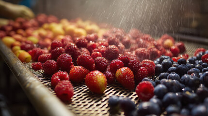 Freshly washed berries including raspberries, blueberries, and strawberries arranged on a metal surface with water droplets gening in sunlight, vibrant colors appealing to the eye.