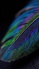 Close-up view of a vibrant peacock feather, showcasing intricate patterns and a spectrum of iridescent colors against a dark background.