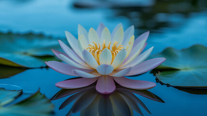 A delicate pink and white water lily blooms on a calm blue pond, reflecting in the still water surrounded by green lily pads.