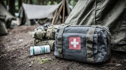 First Aid Kit and Camping Equipment in Forest Scene with Tents