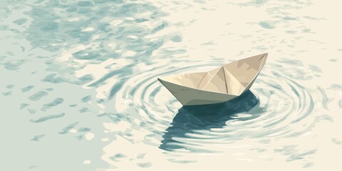Fototapeta premium Paper boat floats gently on calm water under soft daylight, creating ripples in tranquil surroundings illustration.
