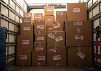 Inside a truck, neatly stacked boxes labeled fragile await delivery.