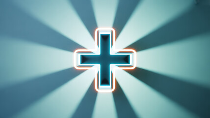 Obraz premium Neon cross symbol with glowing outline and radiant background