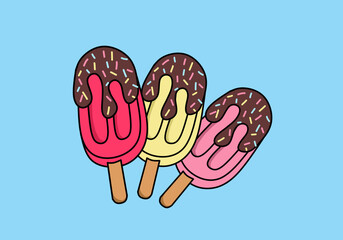 Sweet ice cream on a stick. Cartoon vector illustration.