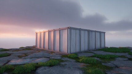 Isolated Shipping Container on Rocky Terrain Under Colorful Sky