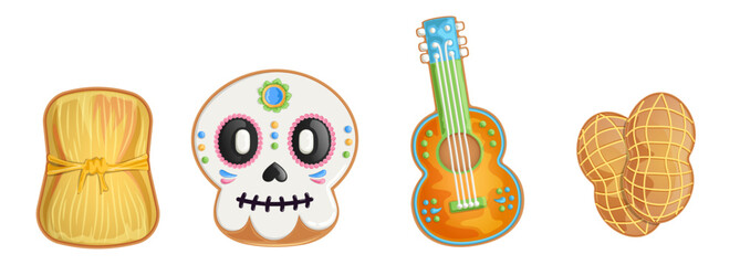 Mexican Fiesta Cookie Set Illustration: Tamale, Sugar Skull Calavera, Guitar, and Peanut Gingerbread Treats