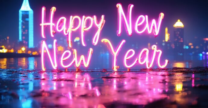 Bright neon sign displays Happy New Year over blurred city skyline. Reflections shimmer on wet surface below. Festive, vibrant scene.