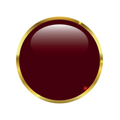 glossy red circular button with reflective surface and shiny golden border isolated on white background