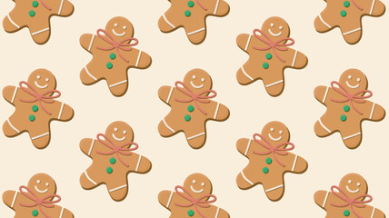 Gingerbread Man Cookie Pattern on Beige Background, Sweet Treat Holiday Season Design