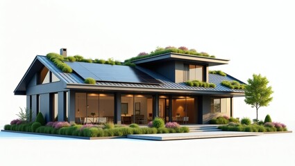 a modern house with a green roof, solar panels, and a clean design