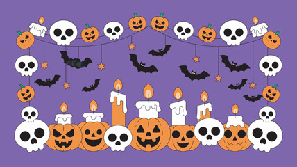 Fototapeta premium Halloween Decoration with Skulls, Pumpkins, Bats, and Candles on Purple Background