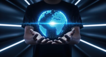 Man holding a digital globe of Earth in his hands