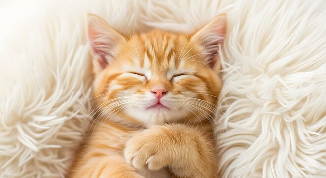 Adorable ginger kitten sleeping peacefully on a fluffy white blanket, looking cozy and content