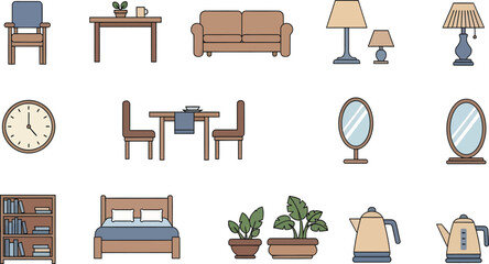 Home Furniture and Interior Icons with Sofa, Bed, Table, Lamp, Mirror, Clock, and Plants