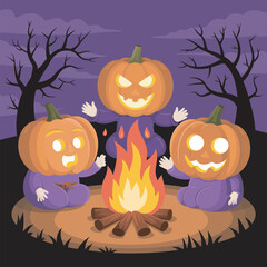 Pumpkin Head Characters Around Campfire Illustration with Dark Sky and Bare Trees