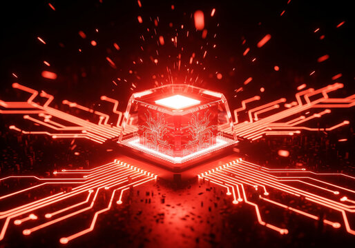 Red glowing futuristic microchip with fiery neon circuits symbolizing digital processing