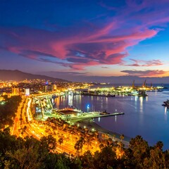 Naklejka premium City skyline at twilight over harbor