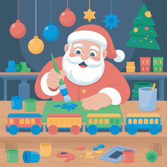 Naklejka premium Santa's Workshop Scene with Toy Trains and Ornaments Illustration for Holiday Projects