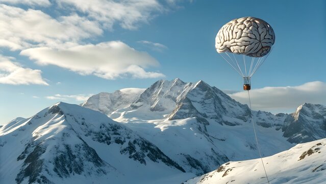 A brain shaped hot air balloon floating over snowy mountains under a blue sky with white clouds - Powered by Adobe