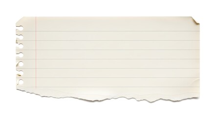 A torn piece of lined paper isolated on a white background, with a slightly burnt edge and punched holes on the left side