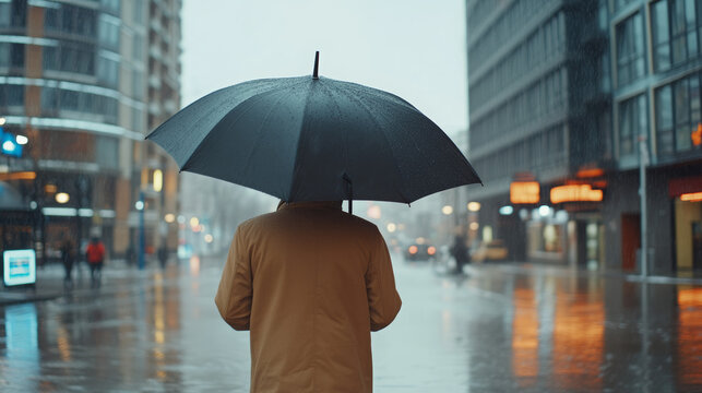 Person walking alone in rain holding black umbrella in urban setting - Powered by Adobe