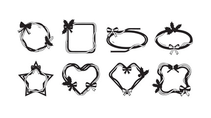 Festive hand-drawn ornaments collection decorative circles hearts stars ribbons and bows silhouette