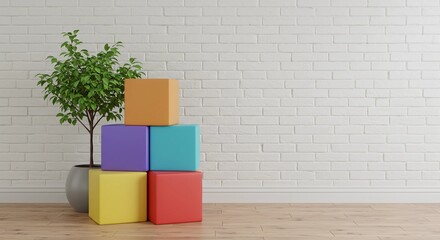 Colorful Blocks and Plant Against White Brick Wall