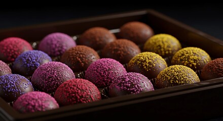 Colorful Chocolate Truffles in Brown Tray