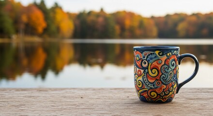 Colorful Mug by Lake on Wooden Surface