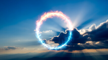 A luminous ring of light appears in the sky above a mountainous landscape with dramatic clouds and radiant sunbeams.