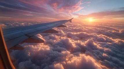 Obraz premium Beautiful view from an airplane window, looking out over a sea of soft clouds at sunset, with the plane's wing visible against a colorful sky.