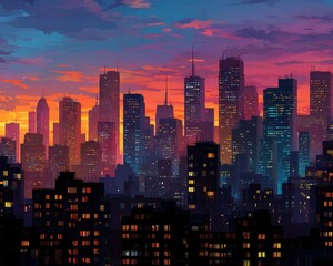 A vibrant city skyline silhouette glows warmly as dusk settles, casting colorful hues across the sky above the towe buildings and bustling urban landscape.