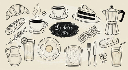 Hand drawn breakfast and coffee doodles set with various food ic
