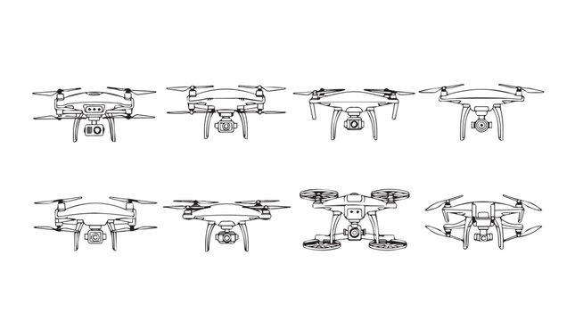 Collection of drones in detailed line drawings showing various angles and configurations for aviation concepts silhouette