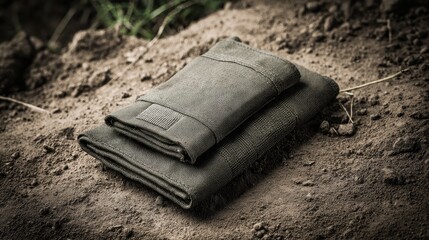 Folded Green Tactical Fabric on Muddy Ground in Natural Setting