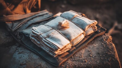 Fototapeta premium Bundled Textiles on Fabric Surface in Natural Outdoor Setting