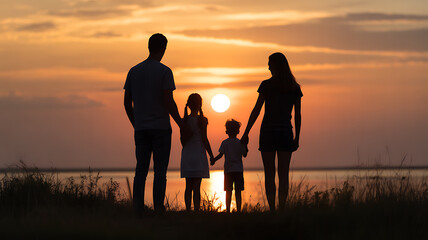 Silhouette of a family of four standing together at sunset by the water