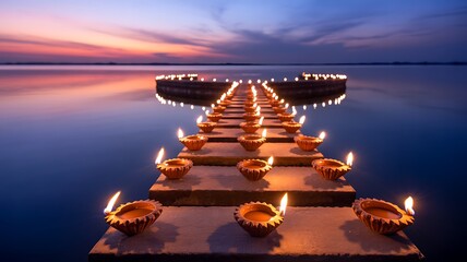 Diya clay oil lamps arranged on a tranquil lake at sunset. A beautiful and spiritual celebration.
