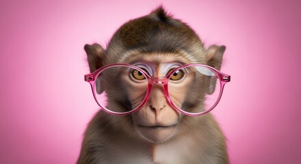 A cute monkey wearing pink glasses, looking directly at the camera with a curious expression against a vibrant pink background