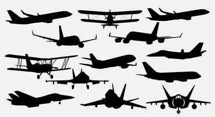 Black Silhouettes of Airplanes in Various Designs and Shapes, presenting a diverse aircraft collection