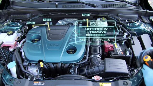 Detailed Car Engine Maintenance with Interactive Instructions and Animated Visuals on Dark Green Vehicle
