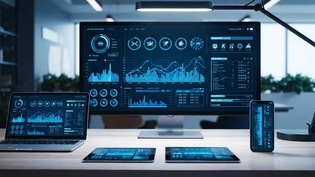 Digital Data Displays on Multiple Electronic Devices on a Wooden Table in a Bright Modern Office