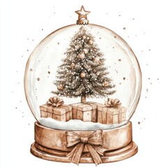 Obraz na płótnie Canvas Christmas tree and gift boxes in a snow globe illustration watercolor art.