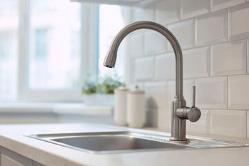 Kitchen sink with a curved brushed nickel faucet white tiled backsplash and a blurred window in the background