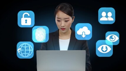 Focused Asian Woman Uses Laptop Surrounded by Security Icons on Dark Background - Powered by Adobe