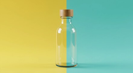 Glass Bottle with Wood Cap on Yellow and Blue Background