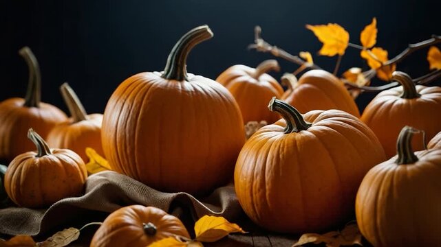 Fresh pumpkins arranged on a table, perfect for fall decor or Halloween scene