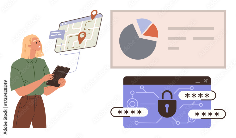 Aufkleber woman with tablet navigating map, analyzing data with pie chart, and exploring cybersecurity lock in