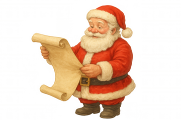 Santa claus reading naughty or nice list scroll for christmas holiday, checking wishes and gifts, transparent background